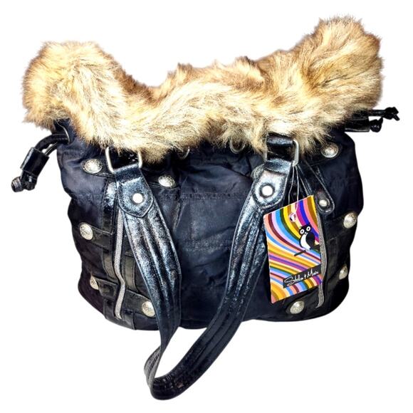 NOS Stella & Max Double Handle Faux Fur Trim Drawstring Bucket Bag Purse Black - Picture 4 of 9